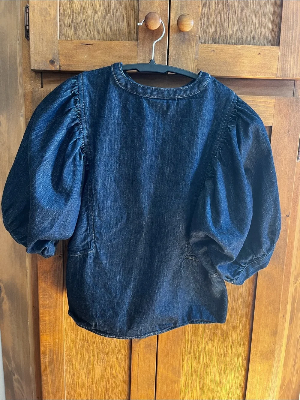 Old Navy Dark Blue Cropped Denim Button-Up Top with Puff Sleeves
